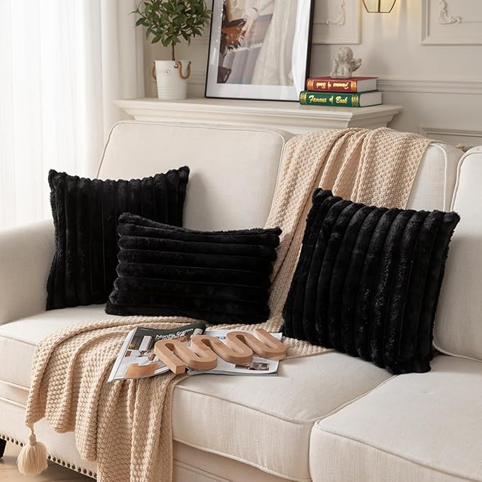 DEELAND Pack of 2,Double-Sided Faux Fur Plush Decorative Throw Pillow Covers Fuzzy Striped Soft Pillowcase Cushion Covers for Sofa Couch Bedroom Black 22x22 inch