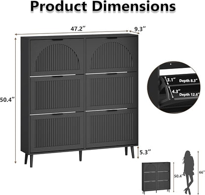 Shoe Cabinet for Entryway with 6 Flip Drawers, Slim Wooden Shoe Storage Organizer with Modern Fluted Pannel，Freestanding Narrow Hidden Shoe Rack for Hallway, Foyer, Living Room