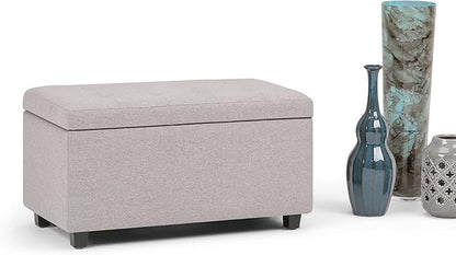 SIMPLIHOME Cosmopolitan 34 inch Wide Transitional Rectangle Storage Ottoman in Cloud Grey Linen Look Fabric, Assembled, For the Living Room, Entryway and Family Room