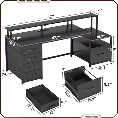 SEDETA Computer Desk with 5 Drawer, Power Outlet & Led Lights, 66'' Home Office Desk with File Drawer, Storage, Monitor Shelf, Gaming Desk, Black