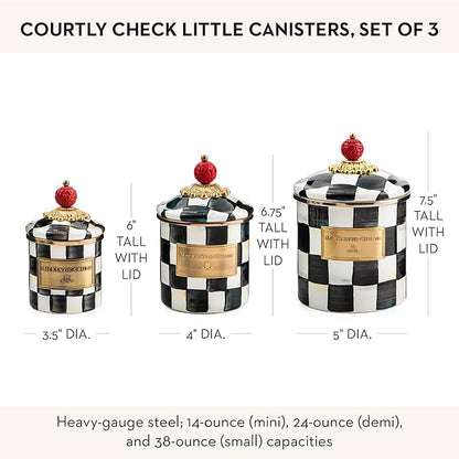 MACKENZIE-CHILDS Enamel Canister Set, Mini (14 oz.), Demi (24 oz.), and Small (38 oz.) Kitchen Containers, Black-and-White Courtly Check