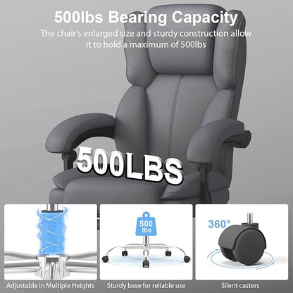 Big and Tall Office Chair, Executive Home Office Desk Chair, Leather Computer Chair with Retractable Footrest, Adjustable Headrest and Reclining Height, Padded Arms, 360°Swivel Free, Wide Seat, Gray