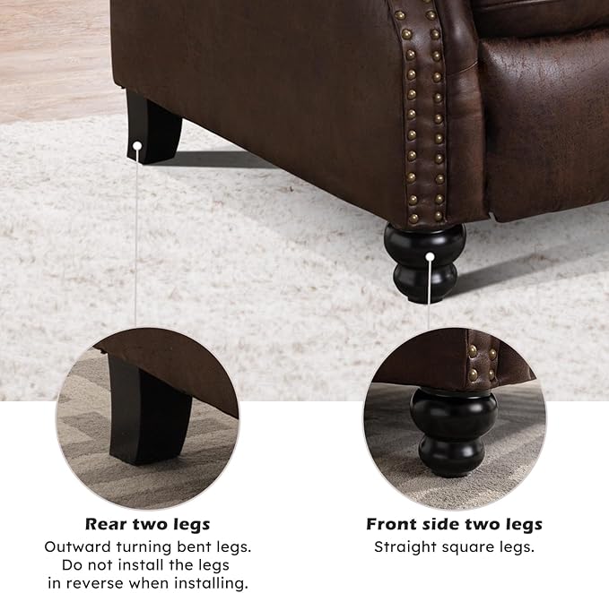 Push Back Recliner Chair Faux Leather Lounge Armchair with Rivet Decoration Wingback Single Sofa Chair with Padded Seat Solid Wood Legs for Living Room, Comfy Upholstered Set of 2, Red Brown
