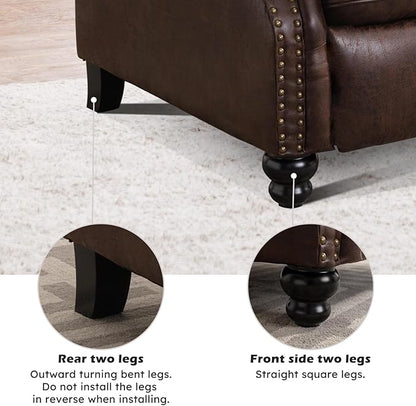Push Back Recliner Chair Faux Leather Lounge Armchair with Rivet Decoration Wingback Single Sofa Chair with Padded Seat Solid Wood Legs for Living Room, Comfy Upholstered, Red Brown