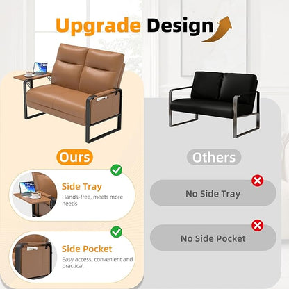 Modern Leather Loveseat, Small Sofa with Side Tray & Pocket, Upholstered Mini Couch for Living Room, Office, Guest Room, Brown