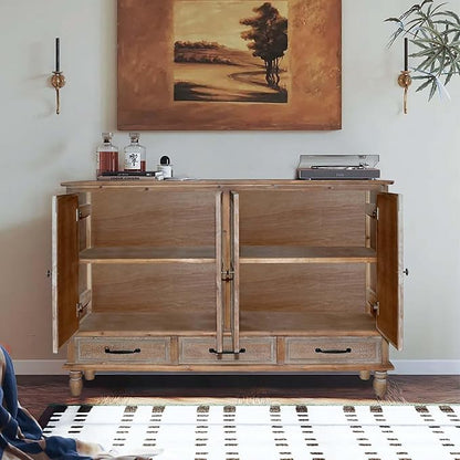 Accent Cabinet with 4 Doors & 3 Drawers, Hollow Carved Storage Sideboard, Wood Buffet Cabinet for Living Room, Dining Room, Entryway (4-Door + 3 Drawers)