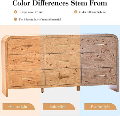 Curved 9-Drawer Dresser for Bedroom, 63" Wide Modern Chest of Drawers, Vanity Desk TV Stand for Living Room, Closet Storage Drawers Organizer Furniture, Nursery, Hallway, Light Burl