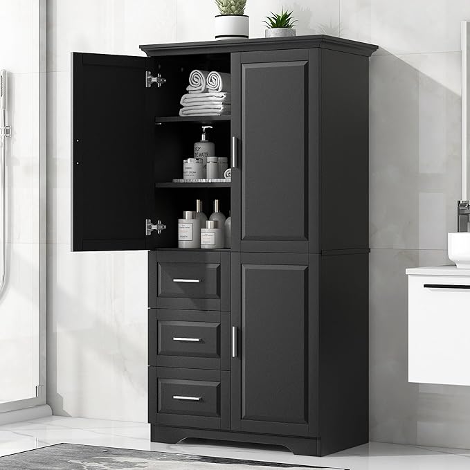Merax 62.2" Wide Storage Cabinet Pantry Cupboard with Doors and Drawers for Home Kitchen, Bathroom and Living Room, Adjustable Shelf, Black