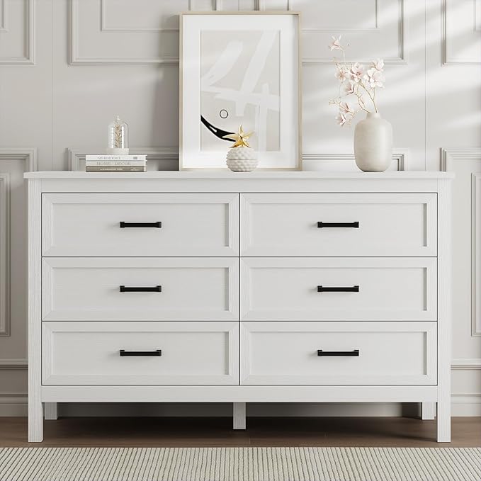 LYNSOM Farmhouse 6 Drawers Dresser for Bedroom, Wood Rustic Wide Chest of Drawers with Deep Drawers, Metal Handle, Storage Dressers Organizer for Hallway