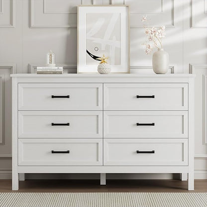 LYNSOM Farmhouse 6 Drawers Dresser for Bedroom, Wood Rustic Wide Chest of Drawers with Deep Drawers, Metal Handle, Storage Dressers Organizer for Hallway