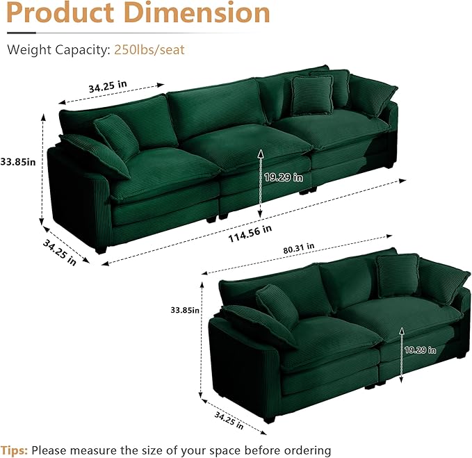 mikibama Luxury 2 Piece Sofa Set, 3-Seater & Loveseat Couch Set, Modern Corduroy Comfy Cloud Couches Set for Living Room Office with 4 Armrest Pillows and 5 Toss Pillows, Green