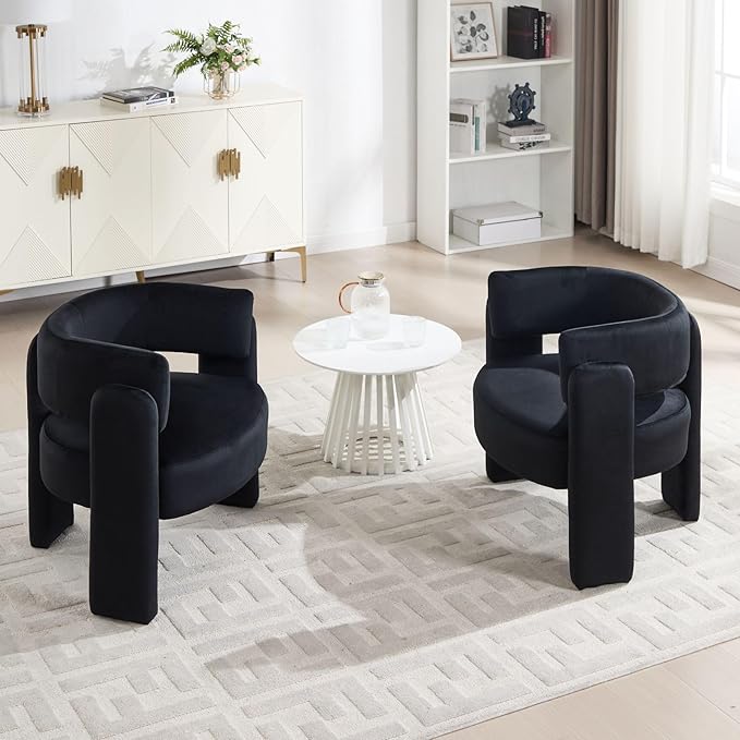 Velvet Accent Chair with Arms, Upholstered Barrel Armchair with Curved Back, Comfy Single Side Chair for Reading, Living Room, Home Office, Black