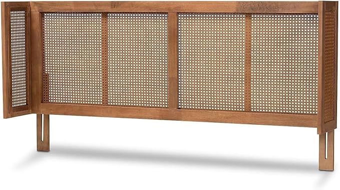 Eclectic Escape Mid-Century Modern Ash Wanut Finished Wood and Synthetic Rattan Wrap-Around Headboard King