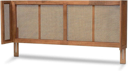 Eclectic Escape Mid-Century Modern Ash Wanut Finished Wood and Synthetic Rattan Wrap-Around Headboard King