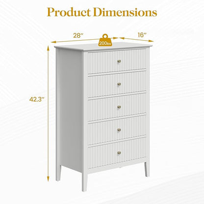 RoyalCraft White Fluted 5 Drawer Dresser for Bedroom, Tall Chest of Drawers, Waterproof Lacquered Desktop,Modern Wood Storage Cabinet for Living Room