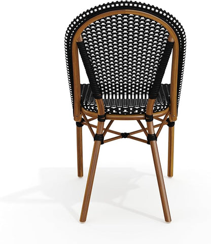 Martha Stewart Lily Pond Indoor-Outdoor Stackable Aluminum Bistro Chair with Natural Woodgrain Frame Finish and Black/White Woven Rattan Backrest and Seat