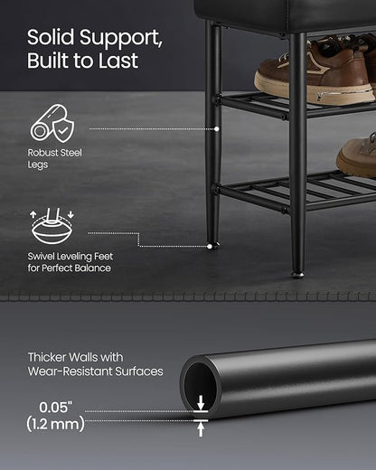 VASAGLE EKHO Collection - Shoe Rack Bench, Storage Bench for Entryway, Synthetic Leather with Stitching, Mid-Century Modern, Loads 300 lb, 11.8 x 39.4 x 19.7 Inches, Ink Black ULSB113B01