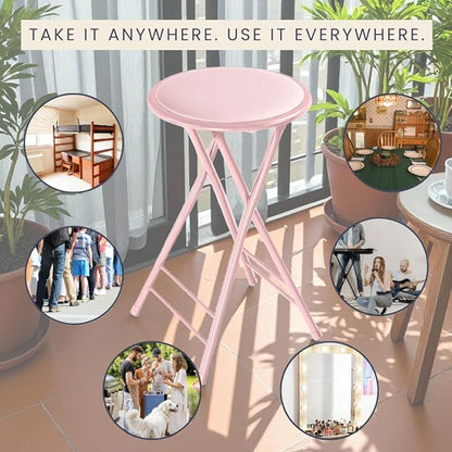 Lavish Home Folding Stool - Backless 24-Inch Stool with 225lb Capacity for Kitchen or Rec Room - Portable Indoor Counter Bar Stools (Pink)