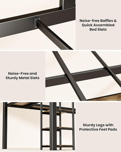 Full Size Loft Bed with Desk & Open Shelves, Heavy Duty Metal Bed Frame with Safety Guardrails & Ladder, Loft Beds with Vintage Wood Finish L-Shaped Desk, Black