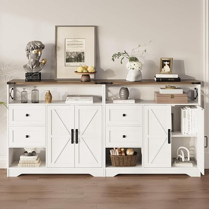 Fameill Farmhouse Storage Cabinet with Drawers and Open Storage,Freestanding Kitchen Pantry with 2 Barn Doors, Floor Cabinet with Adjustable Shelf for Living Room,White