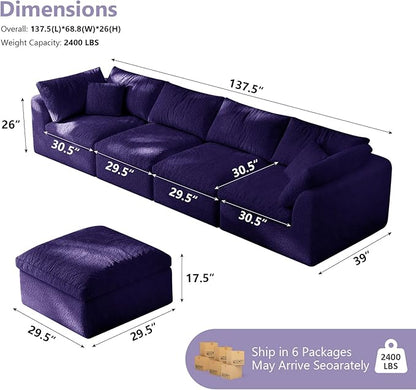 138" Boneless Cloud Couch Modular Sectional Sofa with Deep Seat for Living Room, L Shape Couch with Ottoman, Snowflake Cloth and 40D Memory Sponge，2 Throw Pillows (Purple, 4 Seater+4 Ottoman)