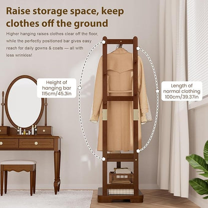 Solid Wood Clothes Rack with 2 Shelves & 4 Hooks for Hanging Clothes Garment Wallets Hats, Clothing Rack Heavy Duty Coat Rack Freestanding with Storage Hall Tree for Hallway Bedroom Living Room