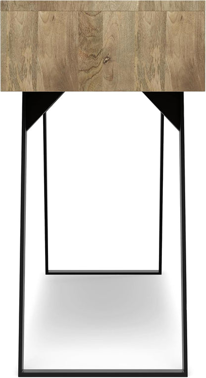 SIMPLIHOME Lowry Console Table - 60 Inch Wide Solid Mango Wood and Metal Sofa Table in Natural, Modern Industrial Storage Table for Entryway or Living Room with 3 Drawers and Angled Metal Legs