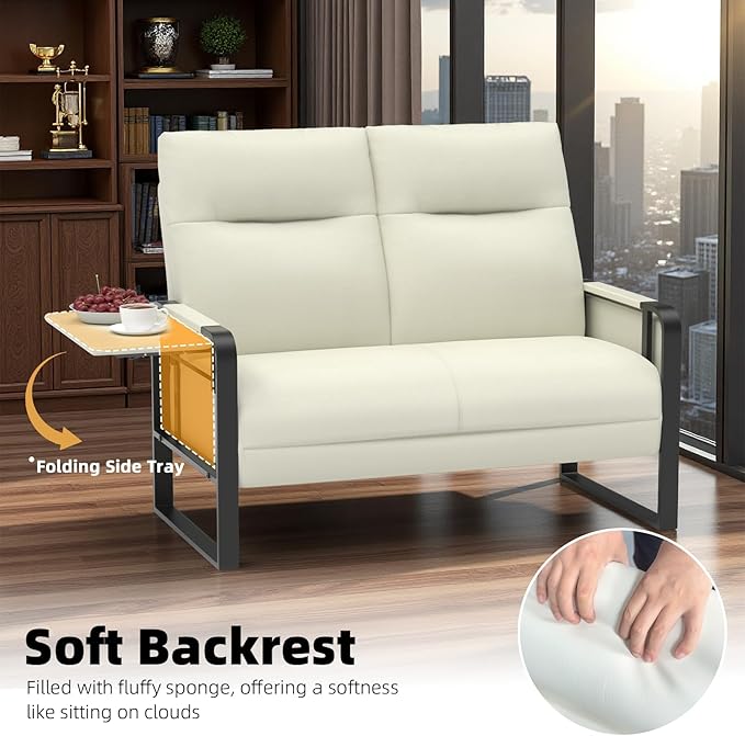 Modern Leather Loveseat, Small Sofa with Side Tray & Pocket, Upholstered Mini Couch for Living Room, Office, Guest Room, Beige