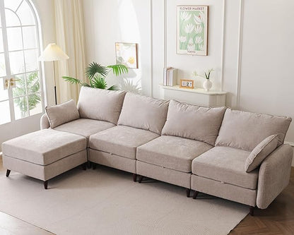 135'' Modular Sectional Sofa with All Seats Storage, Oversized L Shaped Couch for Living Room,4-Seater Comfy Cloud Couches with Movable Ottoman,Big Sectional for Bedroom,Velet,Khaki