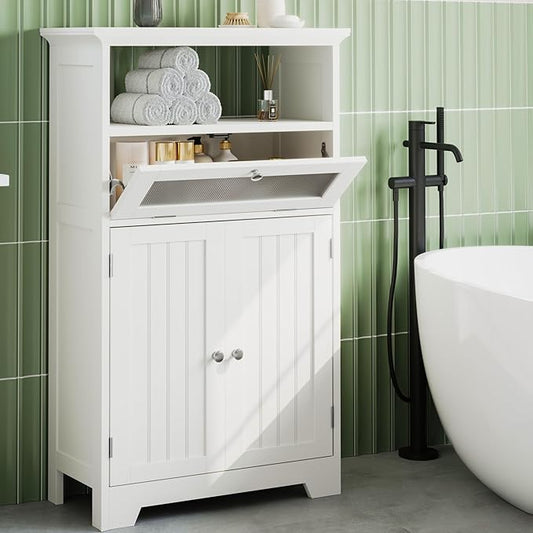ChooChoo Bathroom Floor Storage Cabinet with Flip Glass Drawer, Freestanding with 2 Doors, Adjustable Shelf & Open Storage for Living Room, Hallway, White