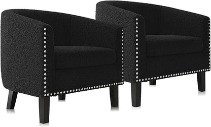 BELLEZE Barrel Chairs Set of 2, Modern Accent Tub Club Chairs Armchairs for Living Room, Upholstered Accent Chairs with Silver Nail Head Trim Black Legs - Kyara (Black/Polyester)