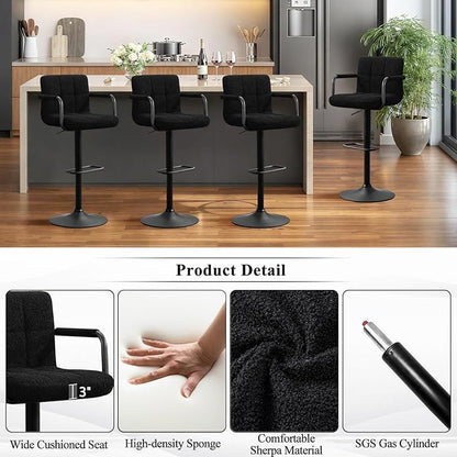 Furniliving Adjustable Bar Stools with Armrest, Square Back Sherpa Fabric Hydraulic Kitchen Counter Bar Stool, Luxurious Swivel Double Stitching Bar Chairs,Set of 2