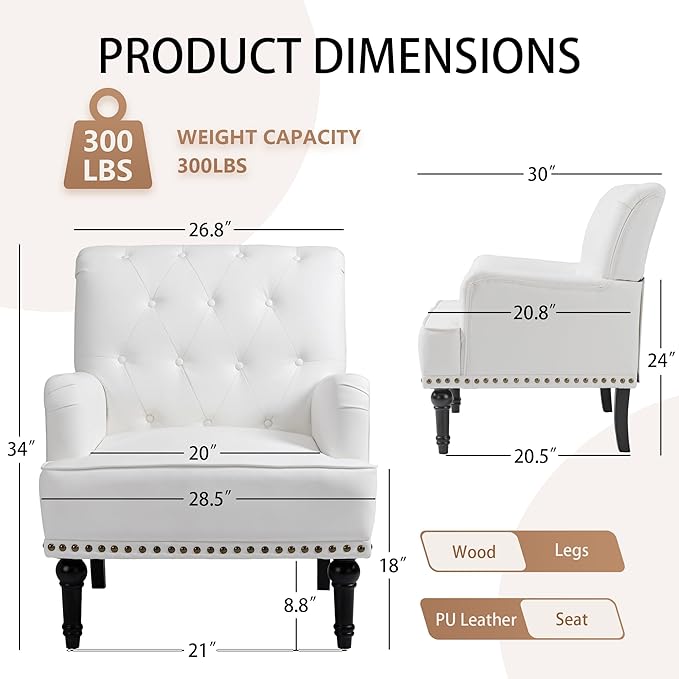 MOJAY Modern PU Leather Accent Chair Set of 2, Mid-Century Living Room Lounge Club Chair with Rivet Trim, Single Sofa Reading Arm Chair for Bedroom Home Office Study Lounges(White)
