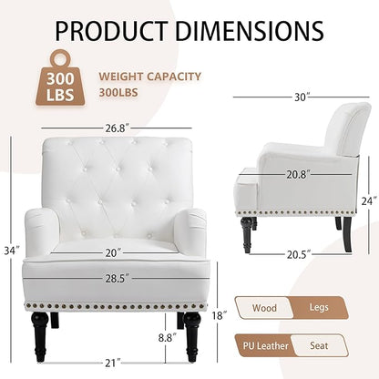 MOJAY Modern PU Leather Accent Chair Set of 2, Mid-Century Living Room Lounge Club Chair with Rivet Trim, Single Sofa Reading Arm Chair for Bedroom Home Office Study Lounges(White)