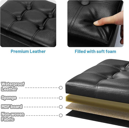 Storage Ottoman Foot Rest Stool, Small Leather Storage Ottomans Bench, Folding Footstool with Side Pockets, Foot Rest Under Desk for Living Room Bedroom, 16x12x12 in, Black 2 Pack