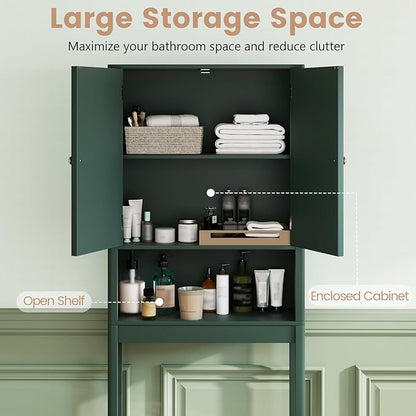 Tangkula Over The Toilet Storage Cabinet, Bathroom Space Saver with Fluted Doors Adjustable Shelf & Bottom Bar, Freestanding Above Toilet Storage Cabinet Organizer for Laundry, Restroom (Forest Green)