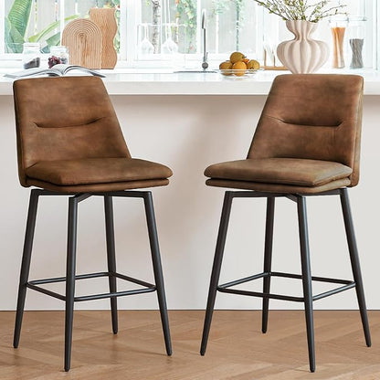 Coffee Counter Height Bar Stools Set of 2, 26 Inch Seat Height with Back and Metal Legs, 360° Swivel Upholstered Faux Leather Swivel Bar Stools