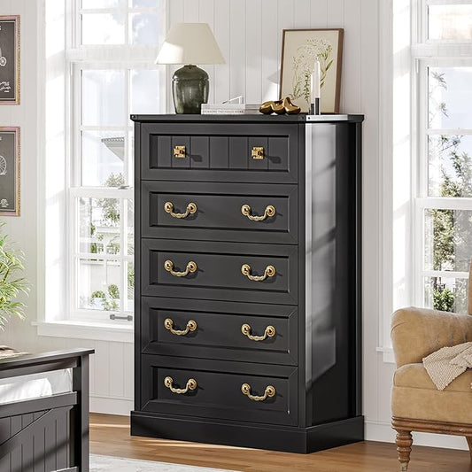 AOGLLATI Farmhouse 5 Drawers Dresser for Bedroom, 48” Tall Wood Rustic Chest of Drawers with Natural Texture, Vintage Design, Black Storage Dresser for Bedroom, Black