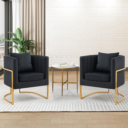 Velvet Modern Accent Chairs Set of 2, Upholstered Barrel Armchair Mid Century with Pillow for Living Room, Comfy Single Vanity Chair with Metal Gold Legs for Bedroom, Black