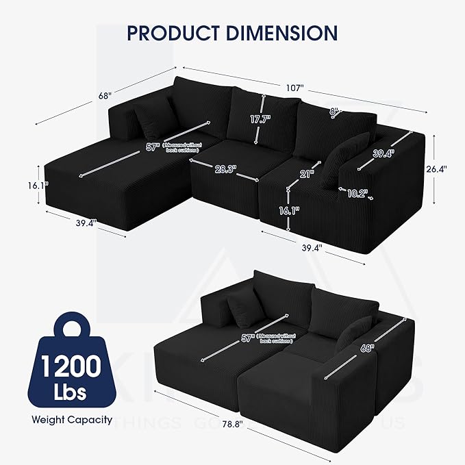 KINGYES 107'' Modular Sectional Sofa, L Shaped Cloud Couch for Living Room, Modern Boneless Sofa with Chaise for Bedroom, Black