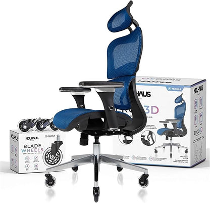 Nouhaus Ergo3D Ergonomic Office Chair Lumbar Support Mesh Office Chair with 4D Adjustable Armrest, Adjustable Headrest and Wheels, Mesh High Back Home Office Desk Chairs(Blue)