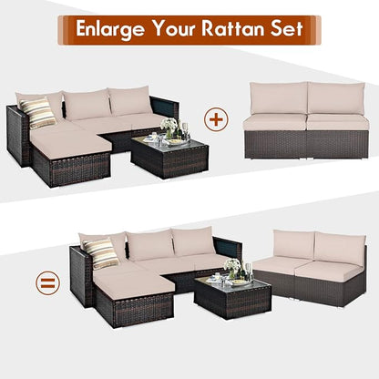 COSTWAY 2PCS PE Rattan Armless Sofa, Wicker Patio Conversation Set Chairs with Soft Cushion, Outdoor Sectional Furniture for Yard, Poolside (Beige)
