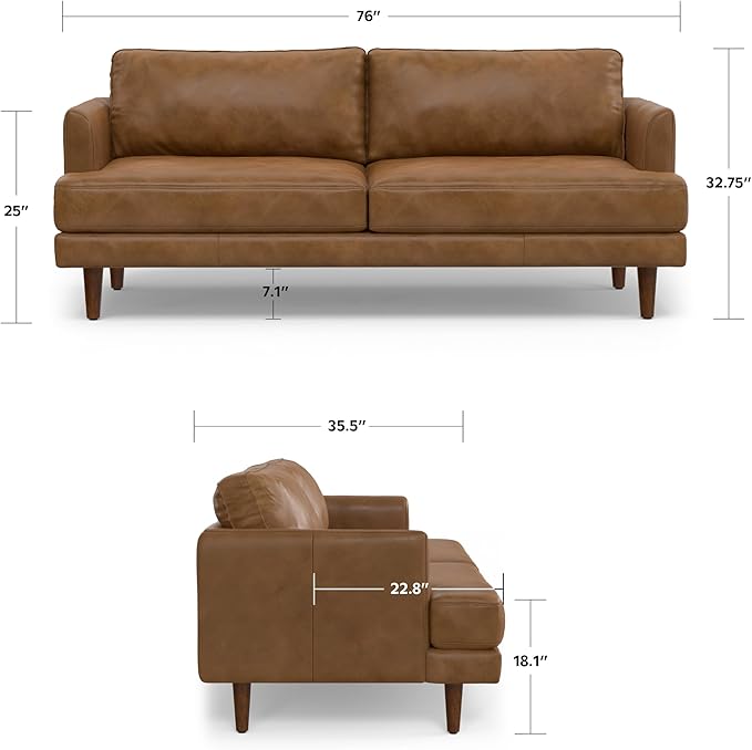 SIMPLIHOME Livingston 76-inch Wide Sofa in Caramel Brown Top Grain Genuine Leather, Handcrafted Mid-Century Modern Loveseat for Living Room, Compact 2-Seater with Feather-Wrapped Cushions
