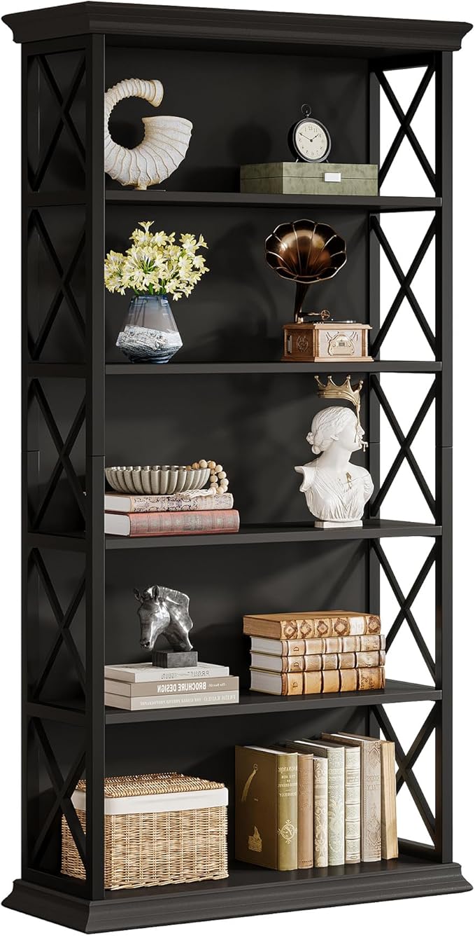Tribesigns 71-Inch Tall Bookcase, 5-Tier Industrial Metal Bookshelf, Large Etagere Bookcases and Bookshelves, Freestanding Display Shelves for Living Room, Bedroom, Black