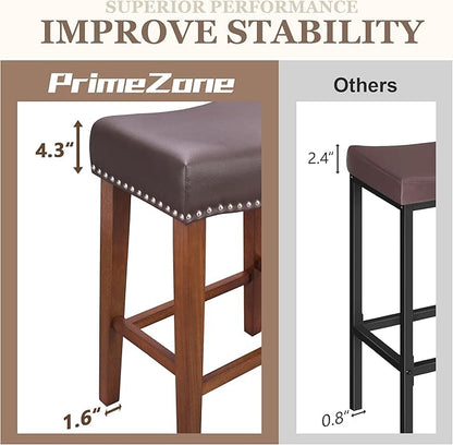 PrimeZone Counter Height Bar Stools Set of 8 - Backless Saddle Barstools with 4.3" Thick Upholstered, Nailhead Trim Faux Leather & Solid Wood Legs, 26 Inch Counter Stools for Kitchen Island, Brown