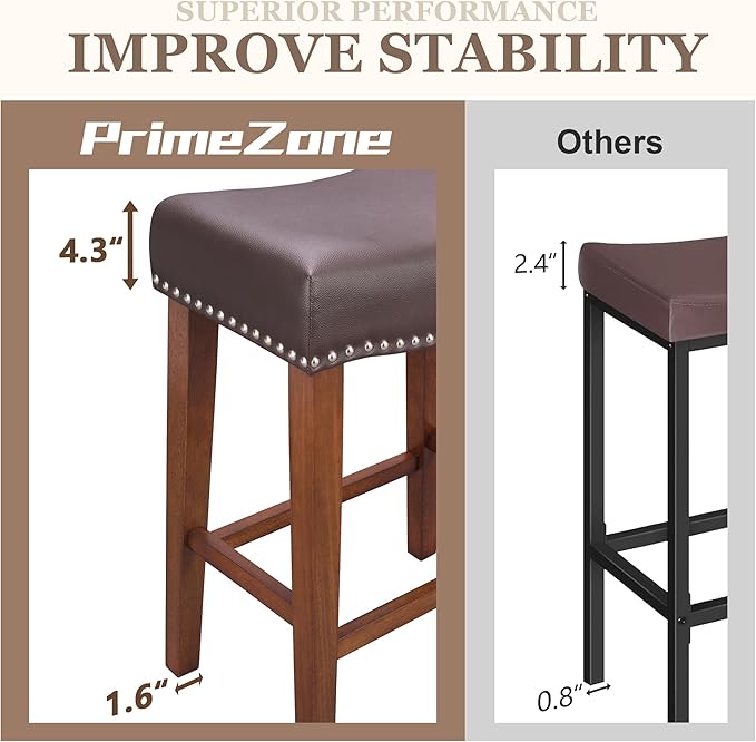 PrimeZone Counter Height Bar Stools Set of 2 - Backless Saddle Barstools with 4.3" Thick Upholstered, Nailhead Trim Faux Leather & Solid Wood Legs, 26 Inch Counter Stools for Kitchen Island, Brown
