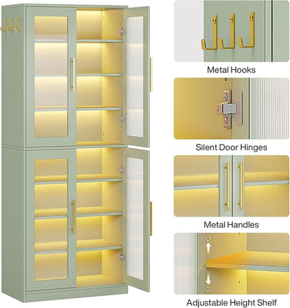 Tribesigns Tall Shoe Storage Cabinet with Acrylic Doors and LED Lights, 8-Tier Entryway Shoe Organizer Rack with Adjustable Shelves and Hanging Hooks for Narrow Closet, Hallway, Mint Green (Set of 2)