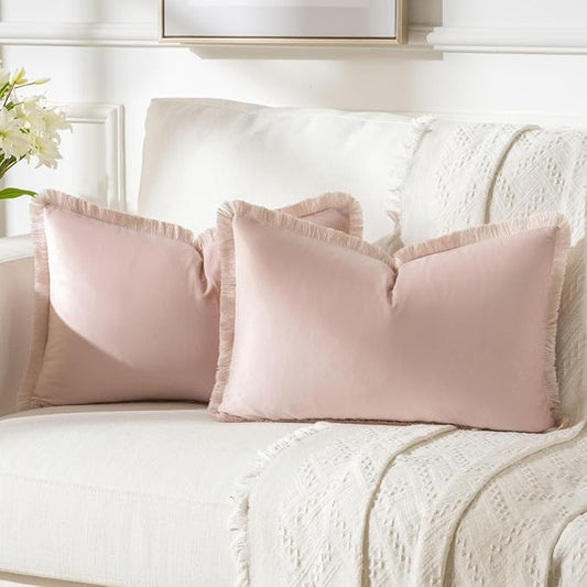FUTEI Pink Velvet Decorative Throw Pillow Covers 12x20 Set of 2,Soft Cozy Edge with Tassels Lumbar Pillow Cases,Boho Modern Home Decor for Couch Bed Living Room