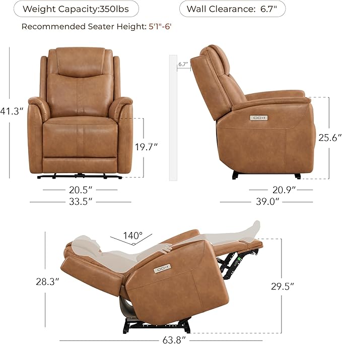 CHITA Super Zero Gravity Power Recliner Chair for Adults, Electric Faux Leather Recliner with USB & Type-C Charging Ports for Living Room, Bedroom & Home Theater Relaxation, Camel