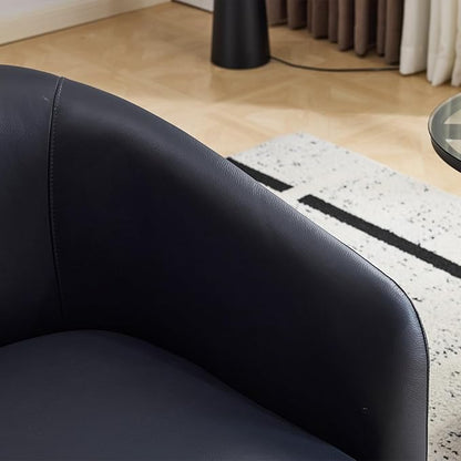 AEDI Genuine Leather Swivel Accent Chair with Solid Wood Base, Upholstered Barrel Armchair for Living Room, Modern Small Club Chair,Dark Blue